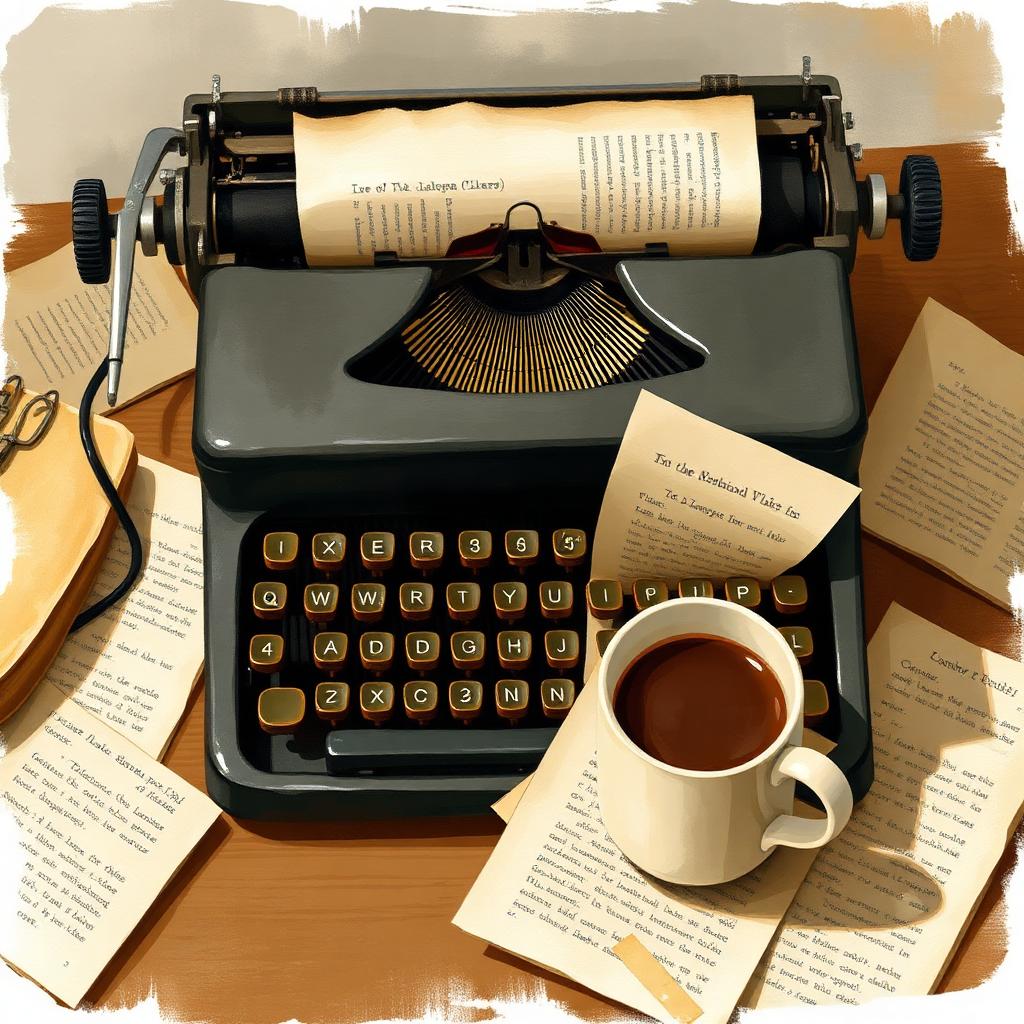 Vintage typewriter with manuscript pages and a cup of coffee