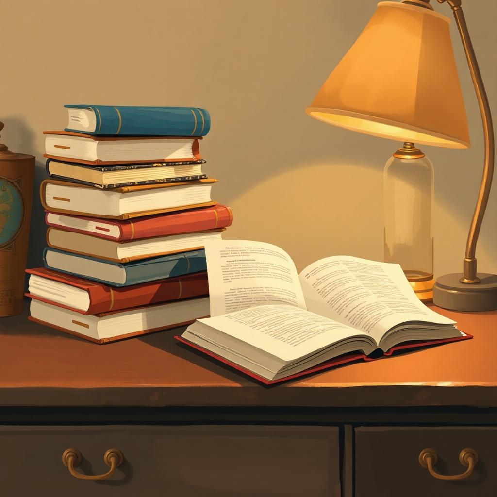 A stack of books beside an open journal under a warm lamp