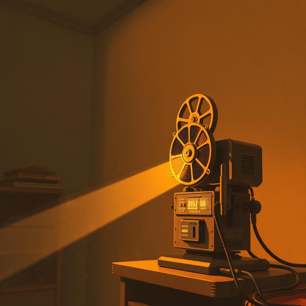 Vintage projector casting a warm beam of light in a dim room