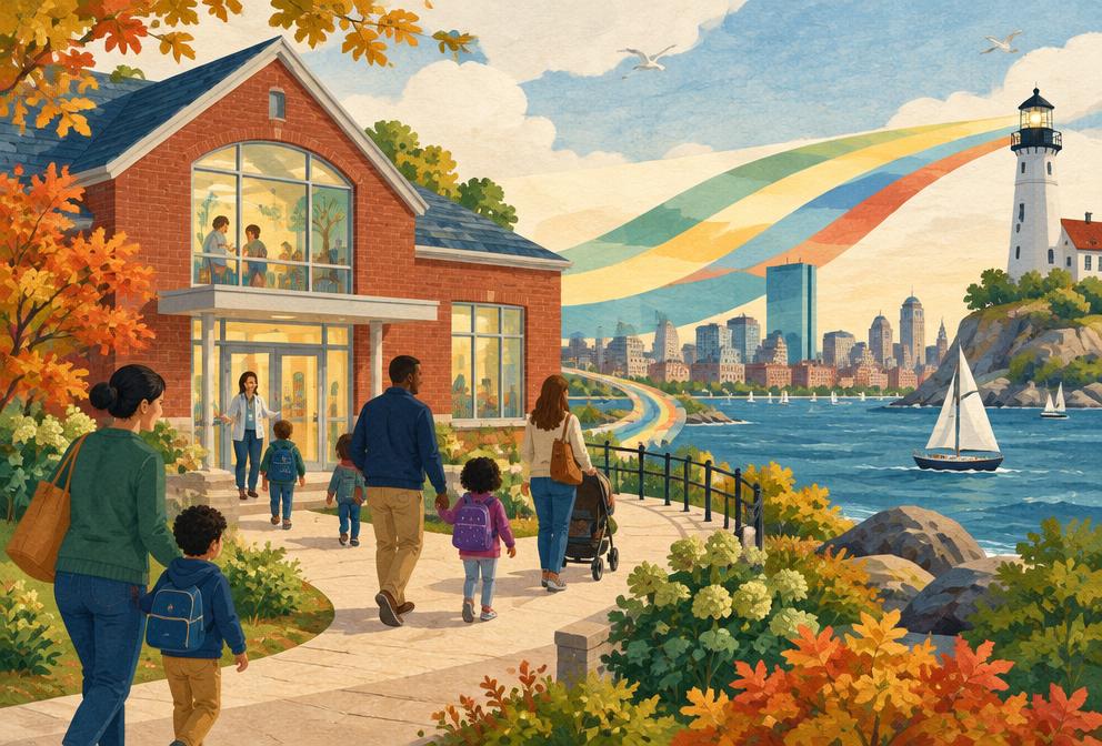 Illustrated Boston waterfront path leading families to a welcoming developmental center