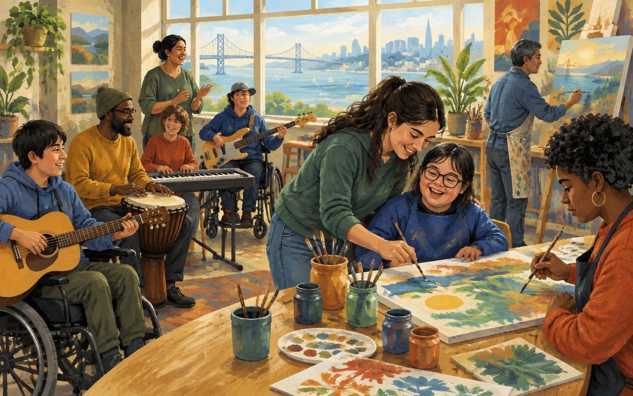 Illustration of an inclusive community sharing art and music