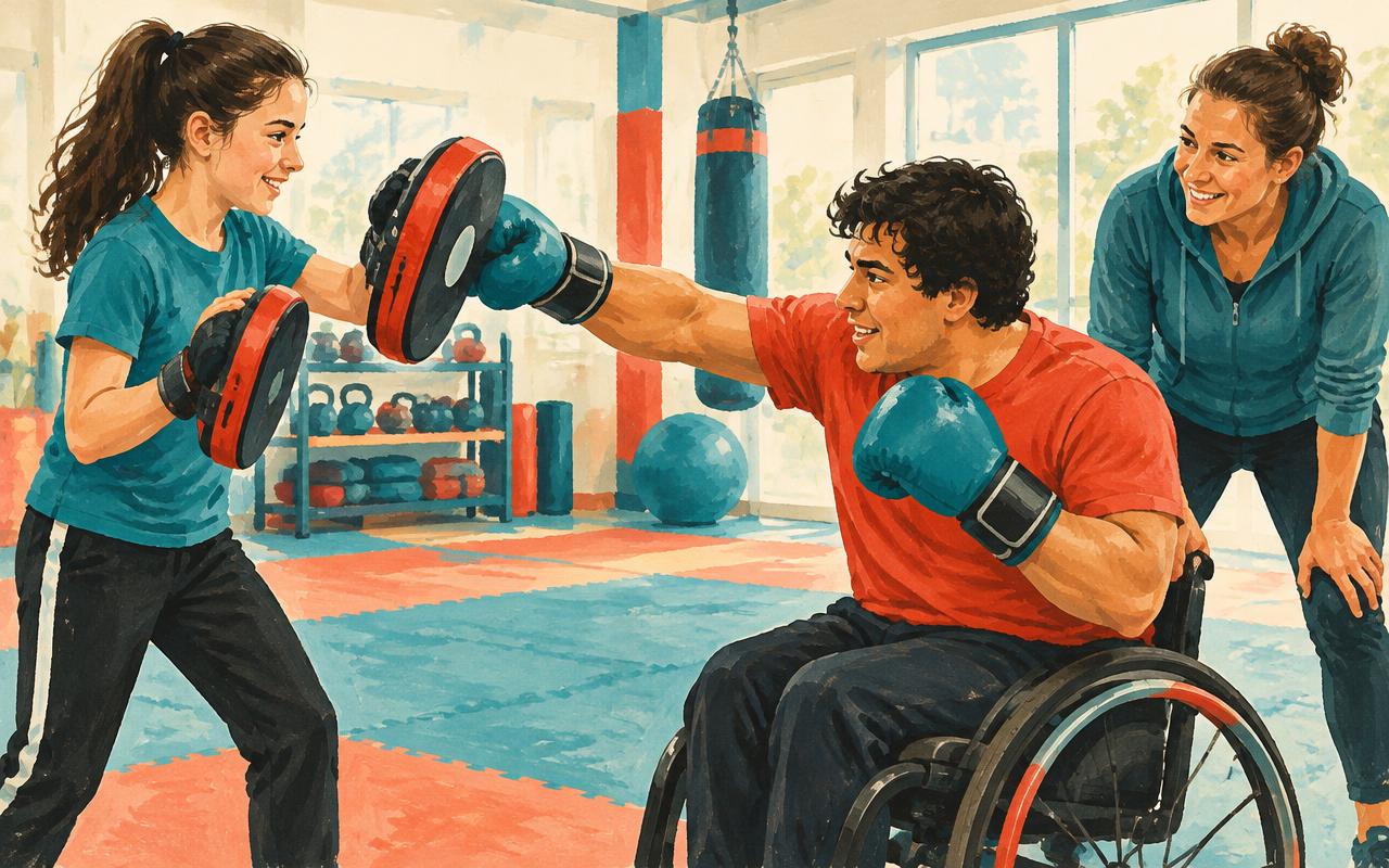 Illustration of adapted focus-mitt practice with a coach and volunteer