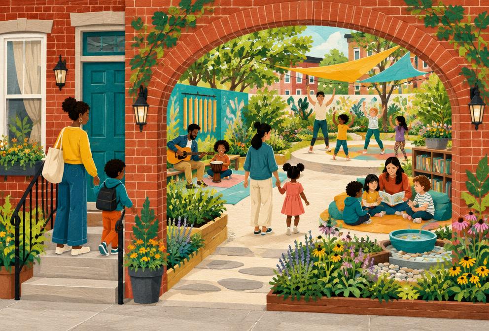 Illustrated Baltimore brick arch opening into an accessible sensory and learning garden