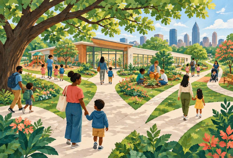Illustrated Atlanta child development center beneath a broad oak tree