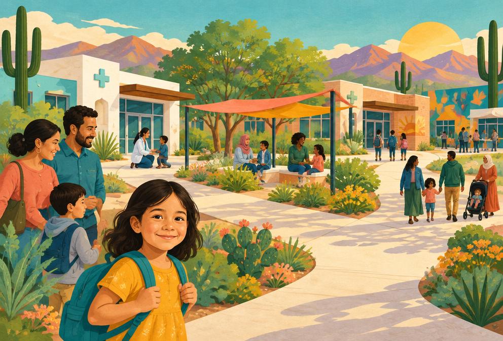 Illustrated Phoenix center with shaded paths connecting families and community