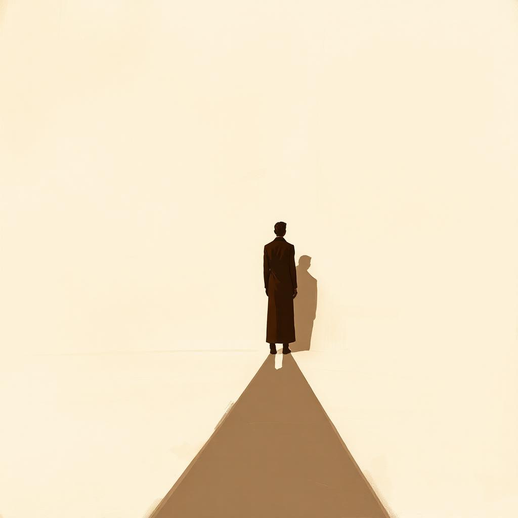 A lone figure casting a long shadow across an empty cream landscape