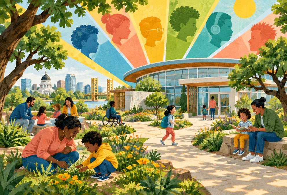 Illustrated Sacramento center with families beneath colorful rays representing different minds